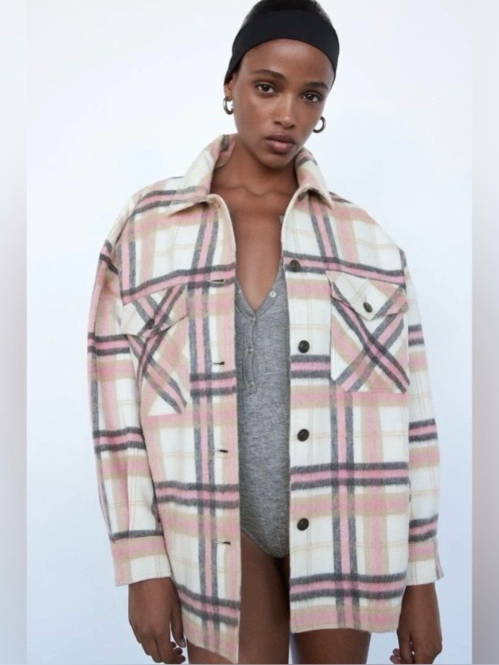 Zara Pink & Cream Plaid Oversized Shacket